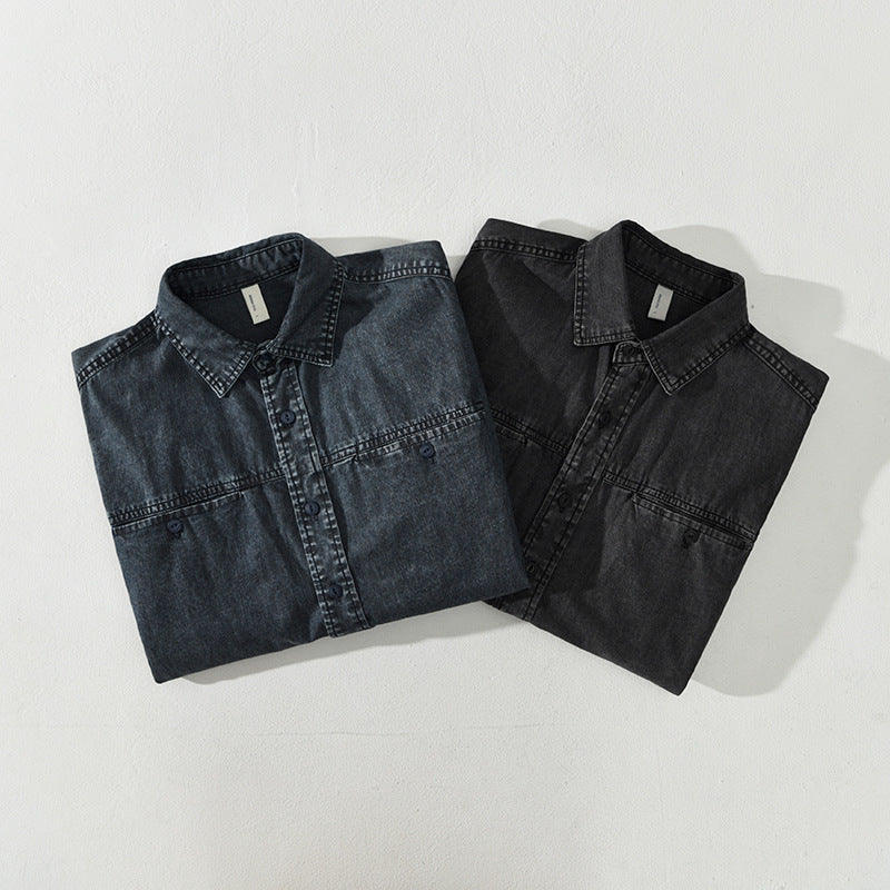 Men's Vintage Wash Denim Shirt - Solid Blue & Black, Cotton, Loose Fit, Sizes M-XXXXL
