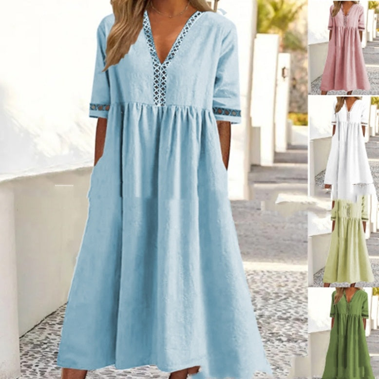 Robe unie à manches courtes, col en V en dentelle et taille mi-haute