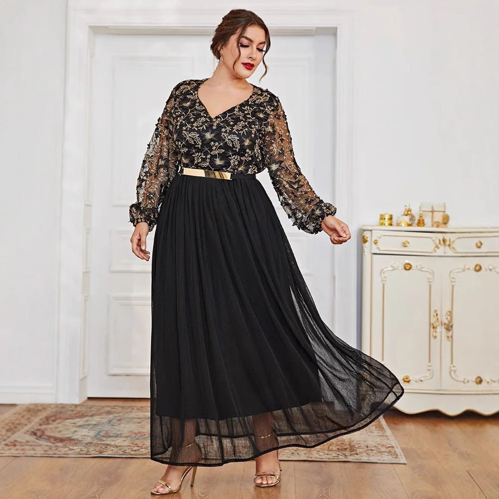 Robe musulmane noire grande taille à col en V avec taille réglable