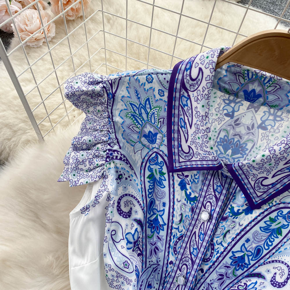 Robe Rétro Femme d'Été Col Polo Taille Haute à Lacets, Blanche et Bleue