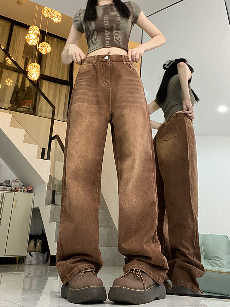 Brown Coffee Women's Straight Loose Wide-Leg Jeans Pants