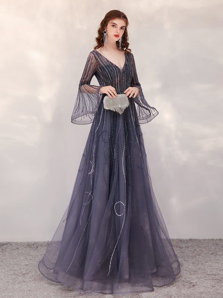 High-End Luxury Evening Dress for Banquet with Trumpet Sleeve and Zipper