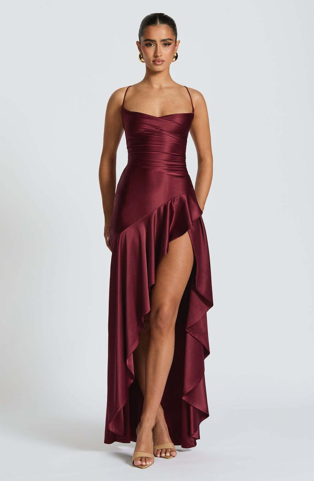 Robe longue bustier asymétrique à volants pour femme, sans manches, fendue, pour l'été, soirée, club