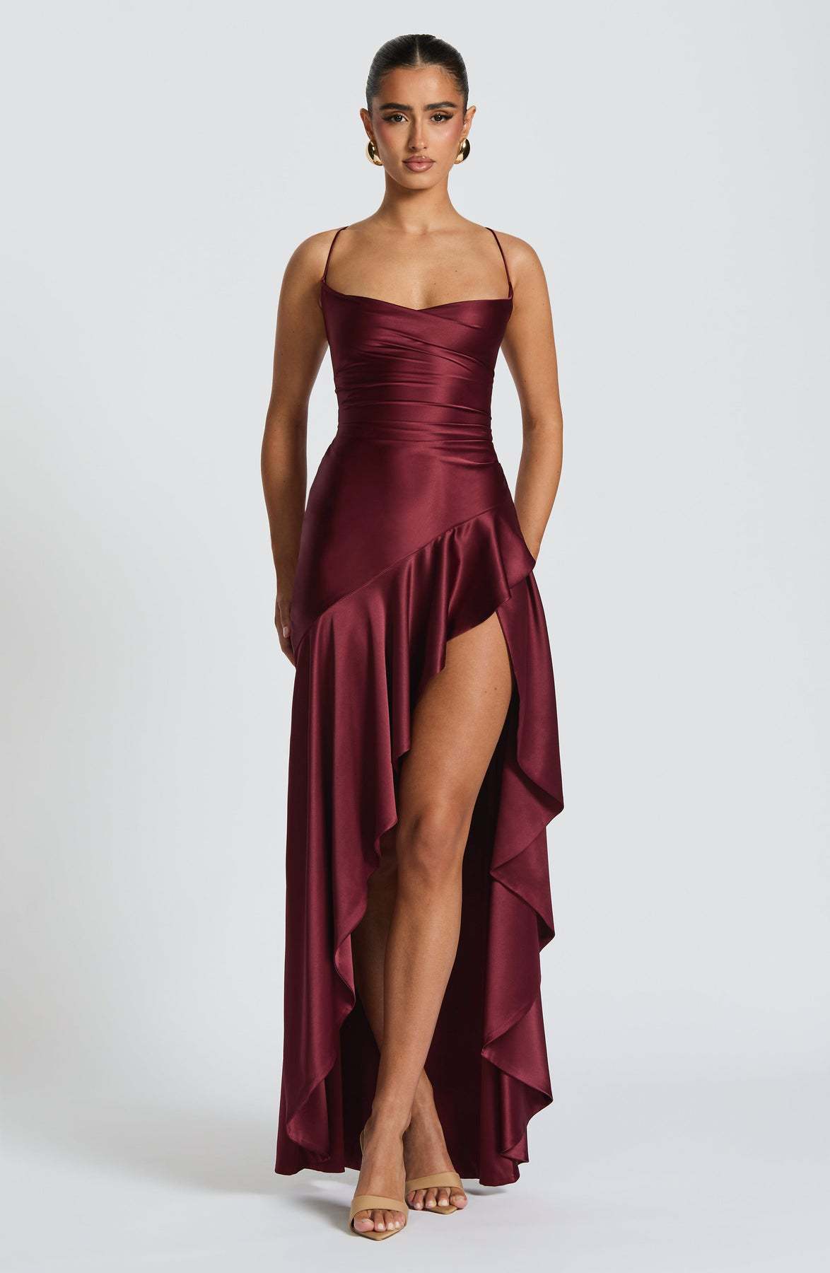 Robe longue bustier asymétrique à volants pour femme, sans manches, fendue, pour l'été, soirée, club