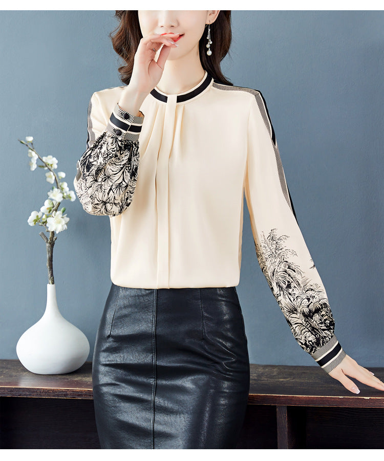 Women's Apricot Printed Mulberry Silk Satin Long Sleeve Shirt Slimming Spring Top
