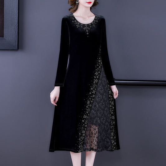 Autumn And Winter Plus Velvet Padded Lace Long-sleeved Dress