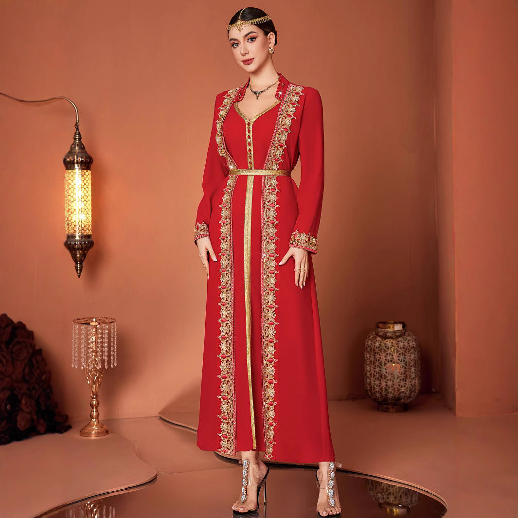 Arab Court Hongjin Embroidered V-neck Fake Two-piece Long Skirt