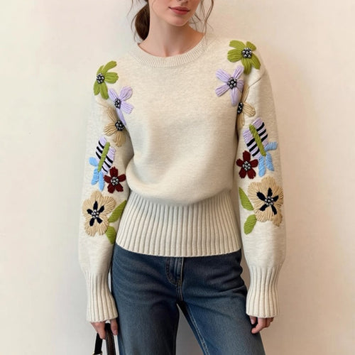 Pull vintage en maille lâche brodé de fleurs – Écru, manches longues, du S au XL pour femme