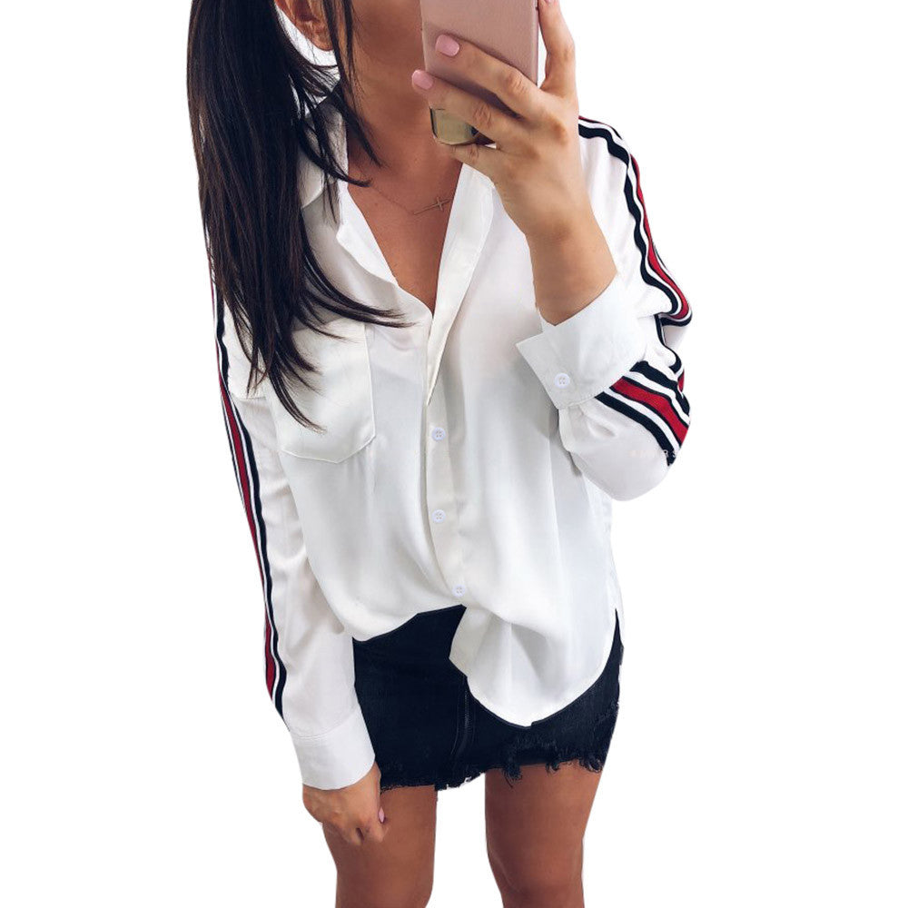 Women’s Casual White Stripe Long Sleeve Button Blouse