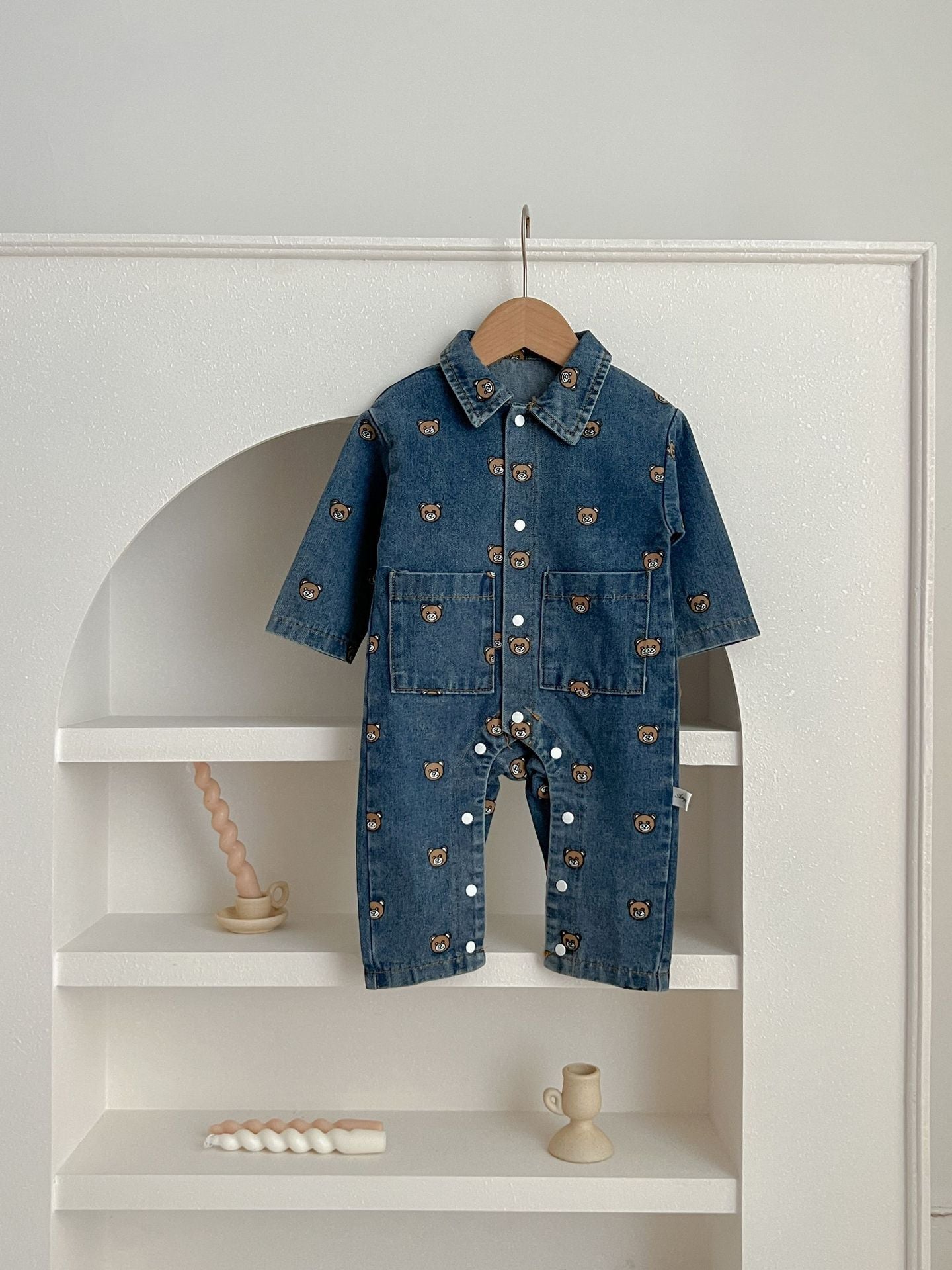 Child Bear Dark Blue Denim Jumpsuit Long Sleeve