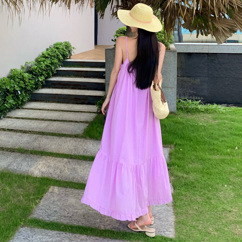 Purple Ramie Cotton French Strap Seaside Dress