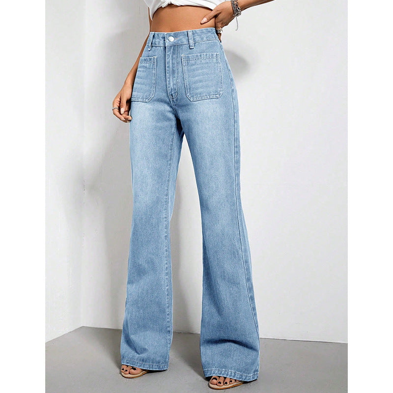 Pantalon Large en Jean Taille Haute Bleu Clair pour Femme