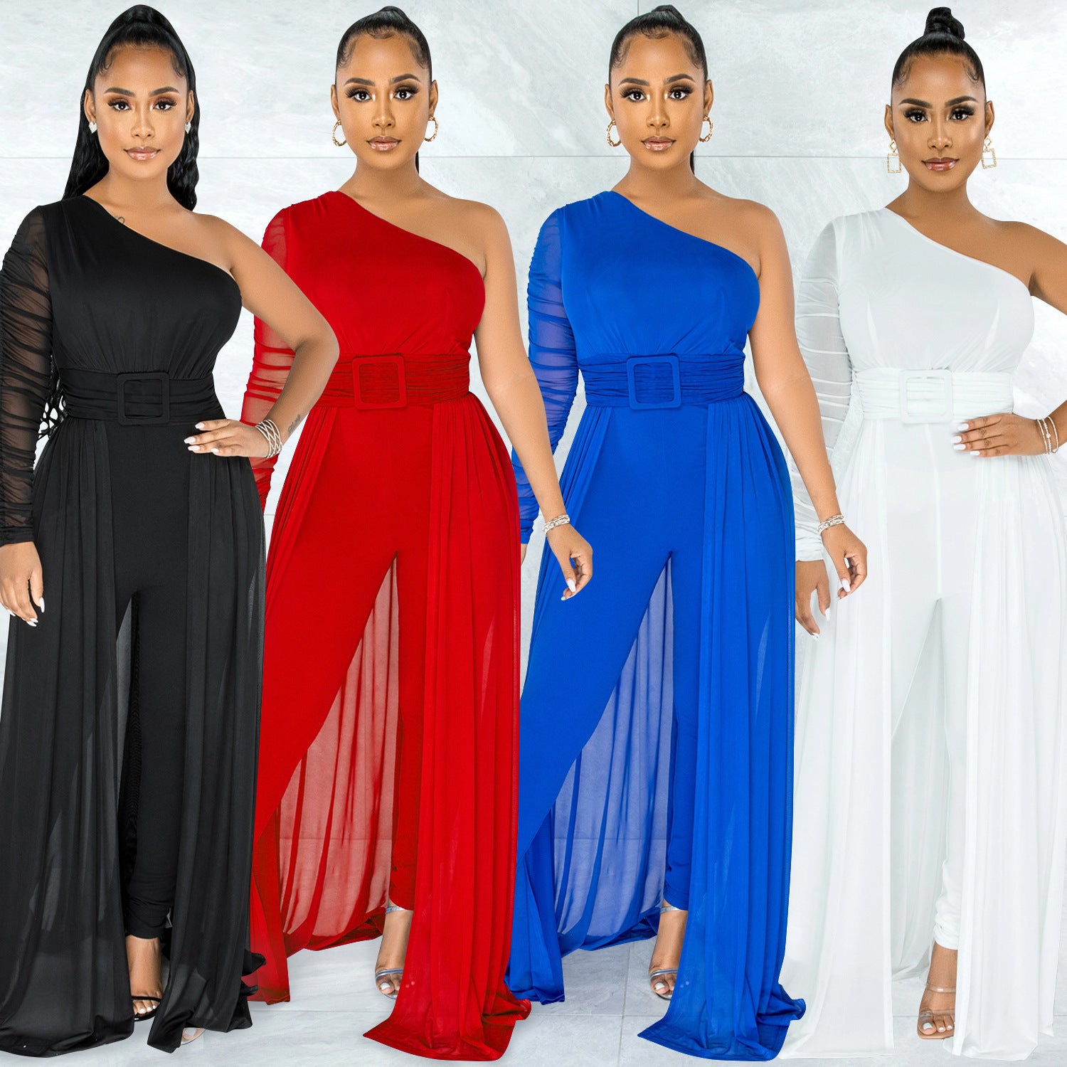 Pure Color Mesh One Shoulder Long Sleeve Jumpsuit for Women