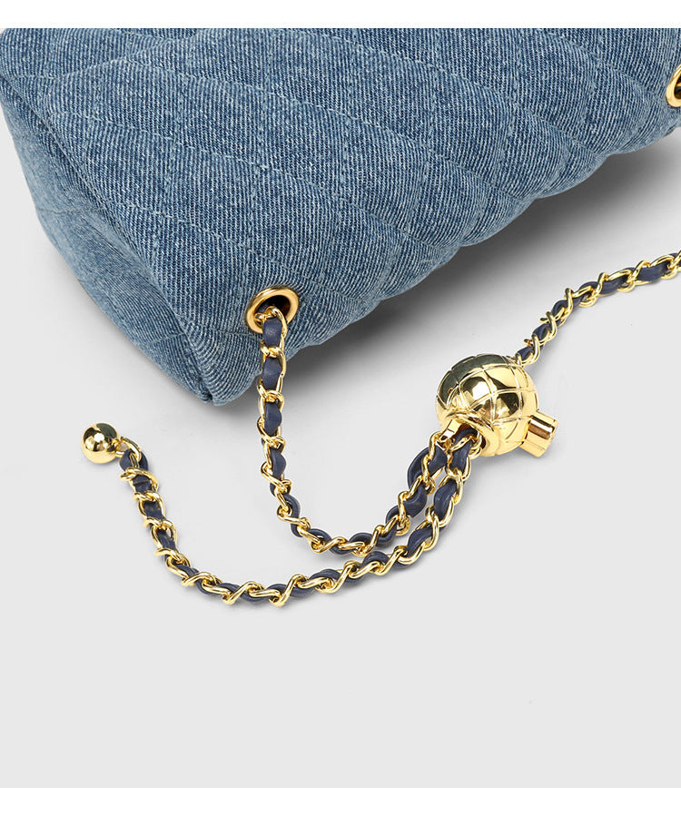 Blue Denim Small Square Chain Bag with Golden Ball Chain