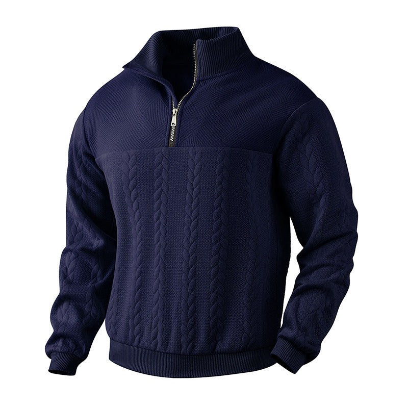 Men's Jacquard Long-Sleeve Warm Pullover Hoodie Quarter-Zip Fall Winter Top