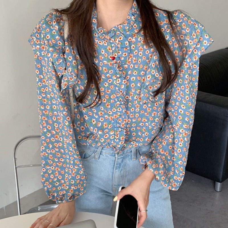 Retro Floral Chiffon Blouse Shirt for Women in S-XL