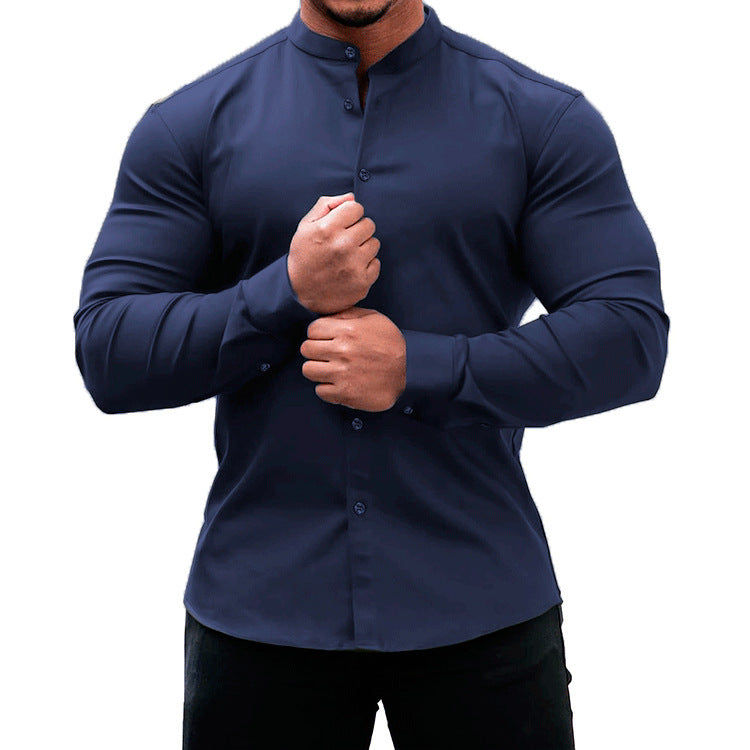 Men's Casual Long Sleeve Slim Button-Down Shirt Solid Colors Polyester