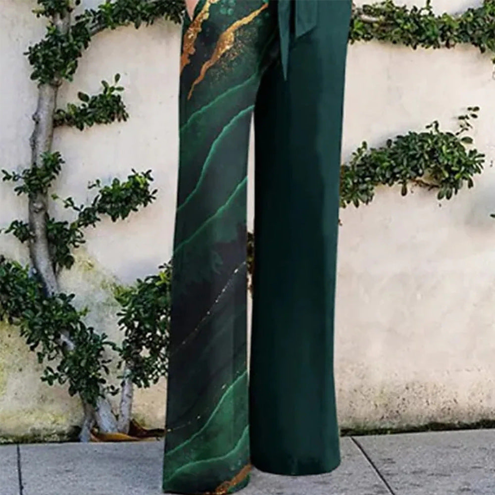 Women's Green Printed Long Sleeve Lapel Loose Casual Jumpsuit Polyester