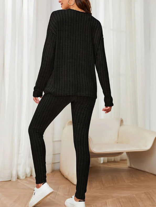 Casual Loose Round Neck Sunken Stripe Knit Suit for Women