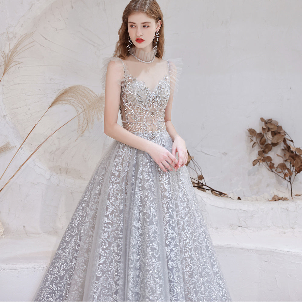 Spring High Gray Half High Sweet Standing Collar Thin Short Paragraph Mid-waist Slim Wedding Dresses Evening Dress