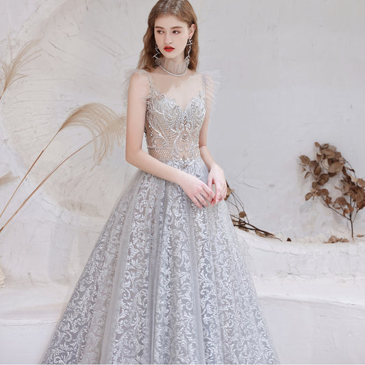 Spring High Gray Half High Sweet Standing Collar Thin Short Paragraph Mid-waist Slim Wedding Dresses Evening Dress