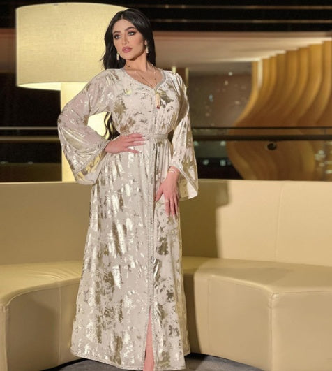 فستان عباية نسائية قطعتين برونزي بحزام