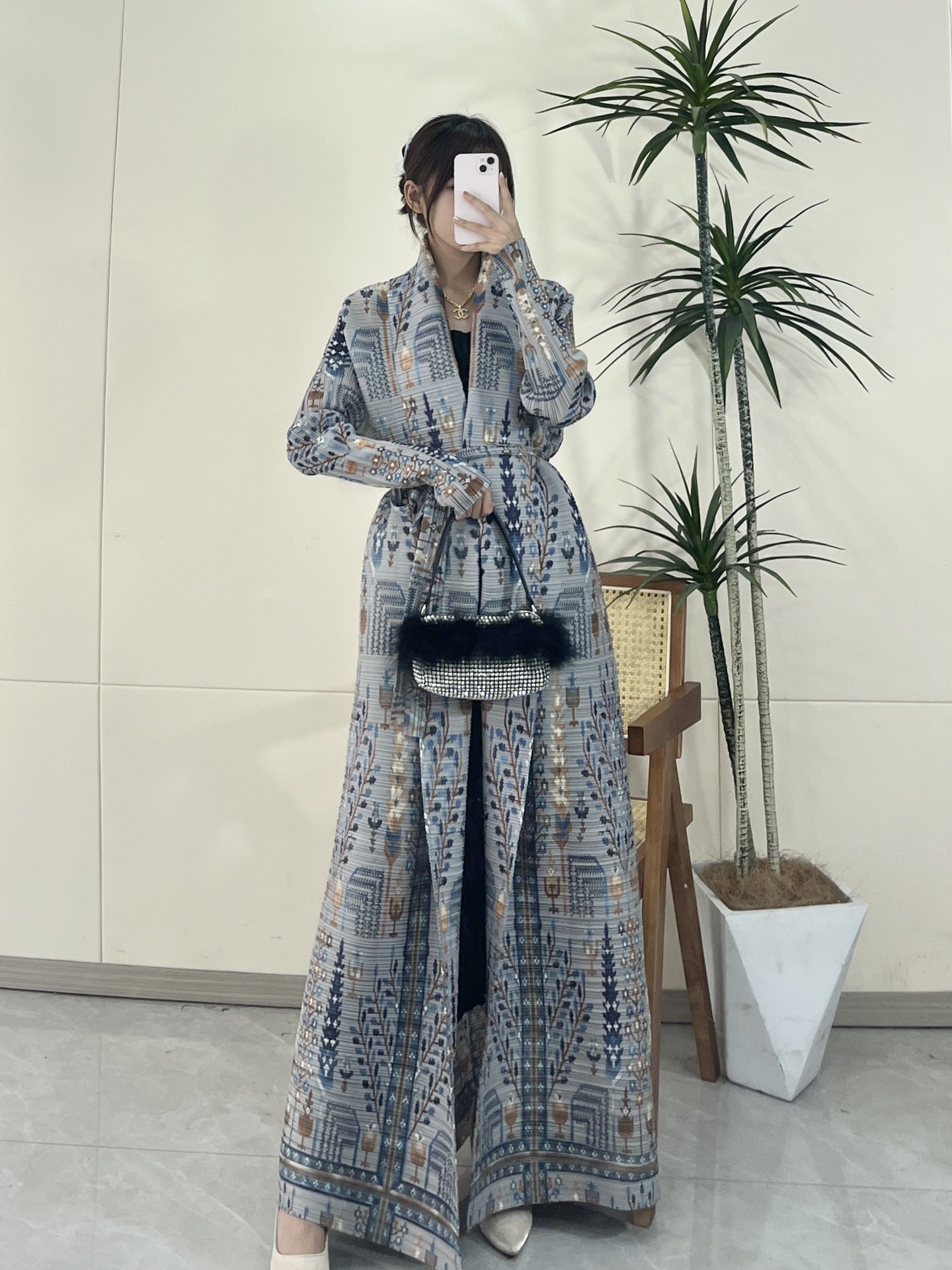 Pleated Print Fashionable All-match Lace-up Loose Arabian Abaya Robe