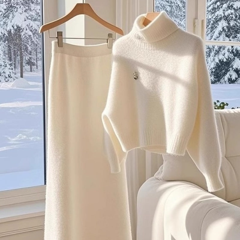 White Temperament Thick Sweater Skirt Suit for Women