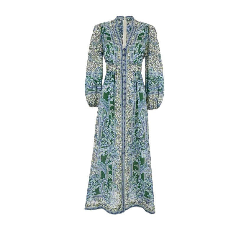 Robe longue boutonnée à motif géométrique rétro verte