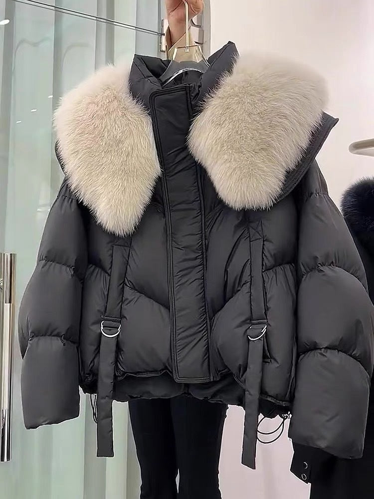 Manteau d'hiver matelassé en coton noir avec col en fourrure pour femme