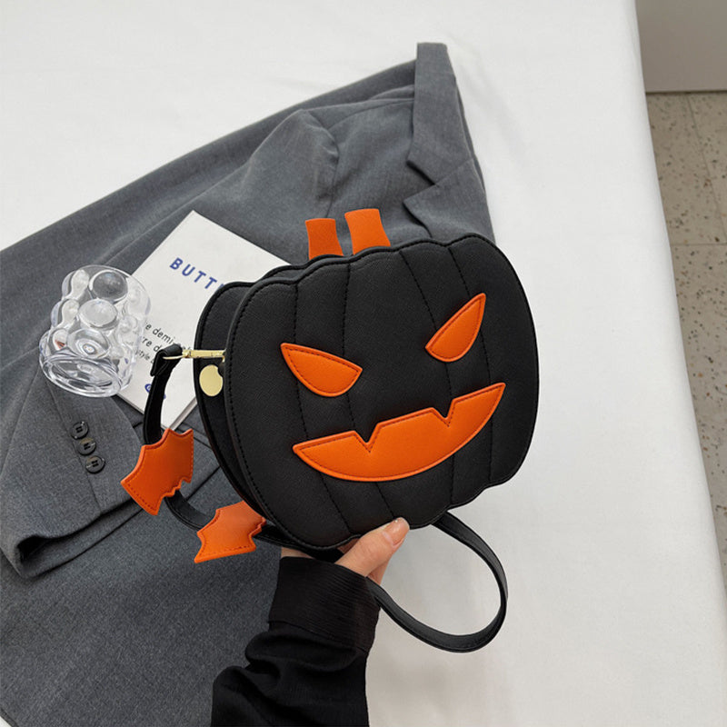 Funny Pumpkin Cartoon PU Shoulder Crossbody Bag with Bat Design for Women