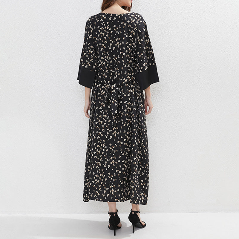 Robe Femme Grande Taille Noire Imprimée à Ceinture en Polyester