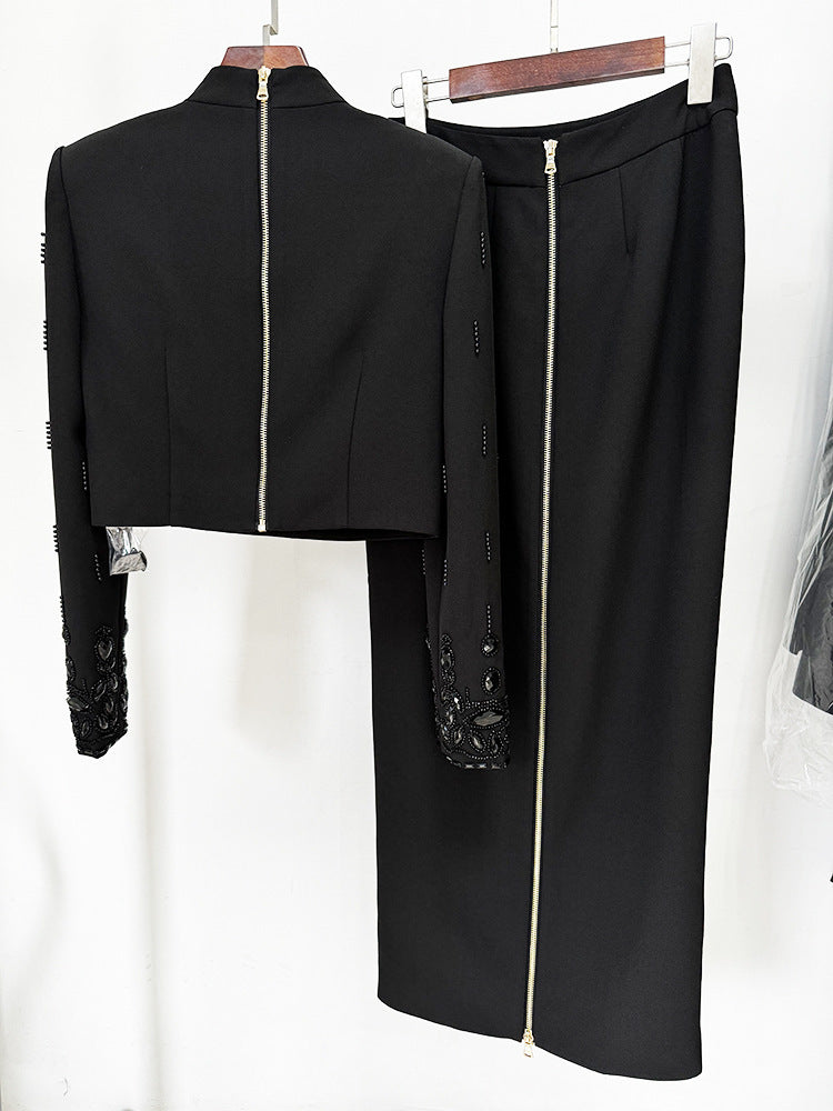 Heavy Industry Beads Diamond Inlaid Short Top Long Skirt Suit