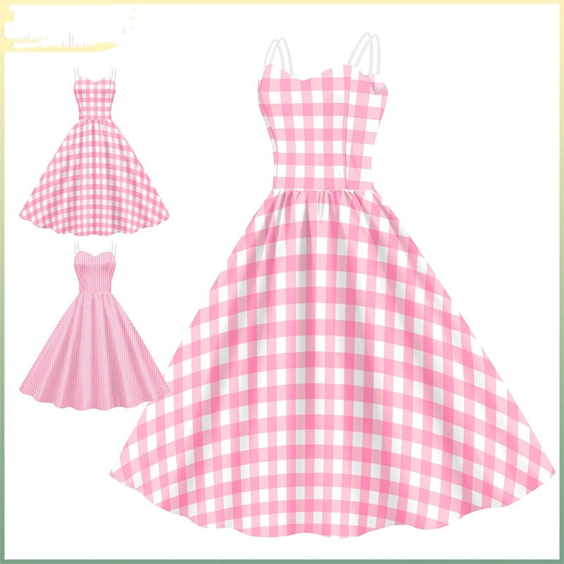 Women’s Barbie Pink Plaid Digital Print Dress