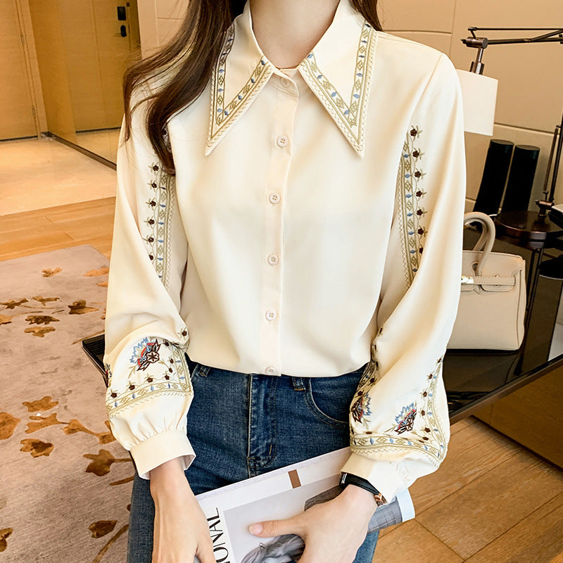 White Loose style Temperament Blouse, Women's Embroidered