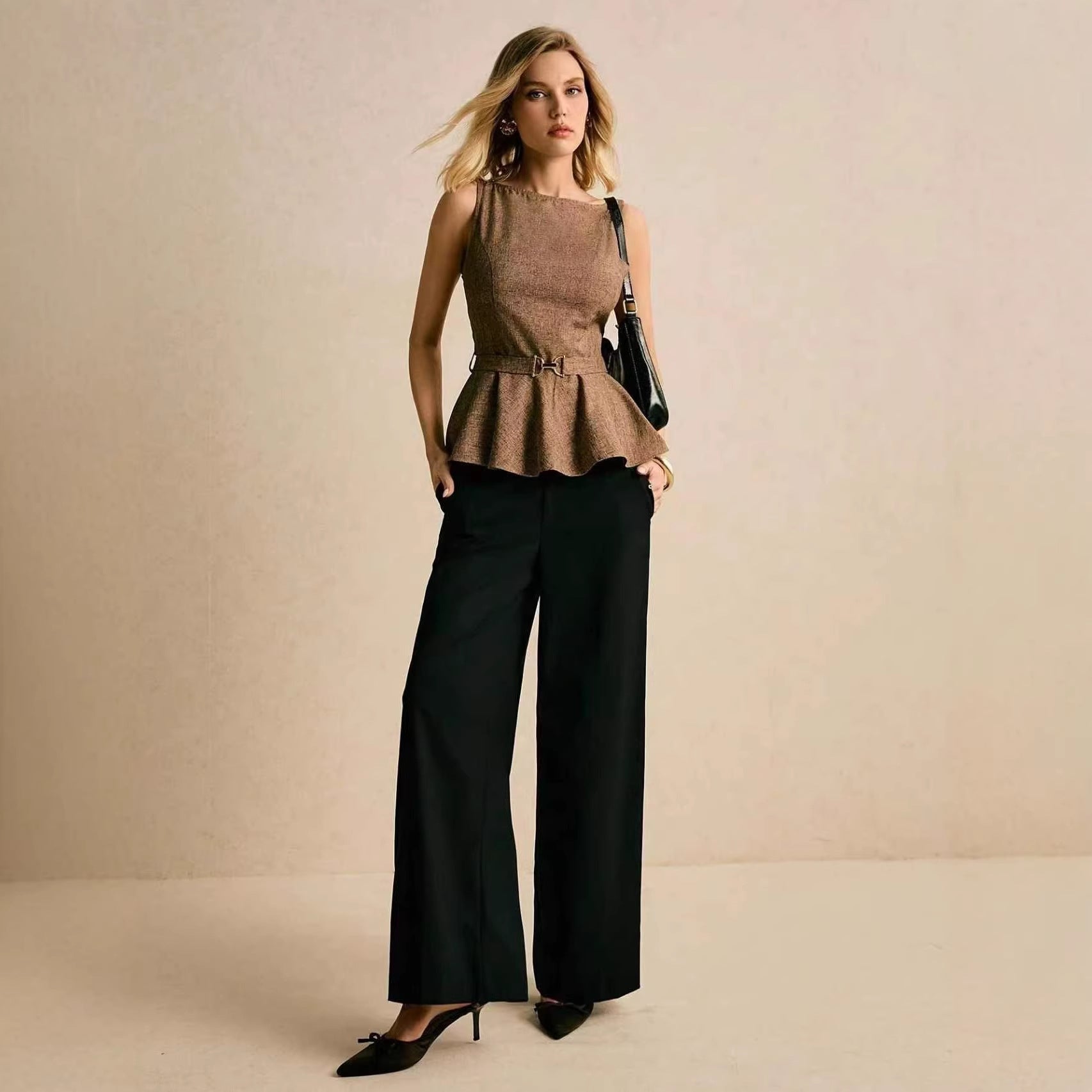 Puffy Solid-Color Sleeveless Top with Lace-Up Details for Women