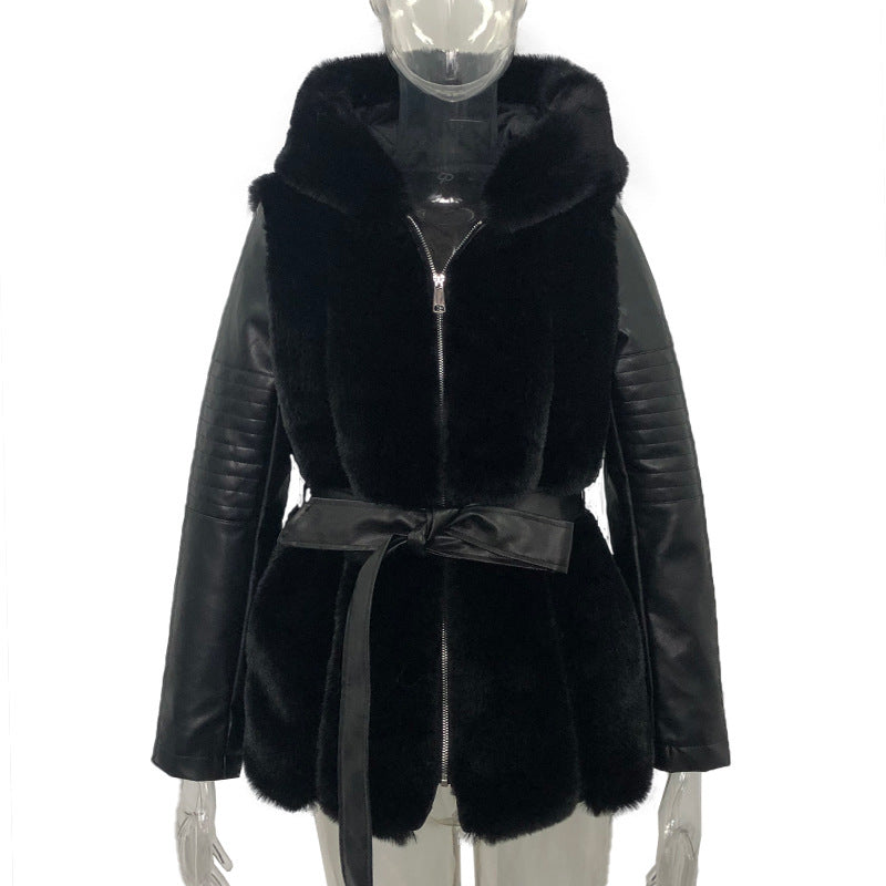 Women's Hooded Zipper Jacket with Fur Belt in Pink, Gray, Black, Brown
