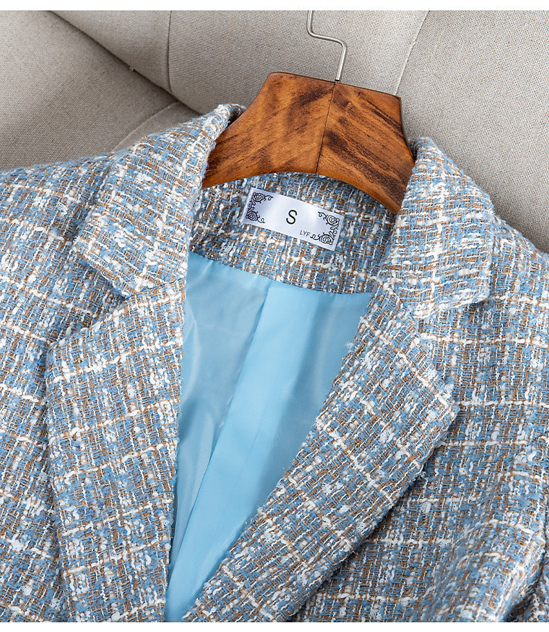 Plaid Tweed Woolen Coat with Pockets - Slim Fit, Blue, Black & Apricot Pink, Sizes S-3XL