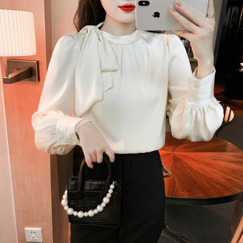 Autumn Satin Shirt Bow Tie-up Top