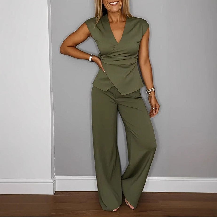 Women's V-Neck Sleeveless Belt Buckle Two-Piece Set Solid Color