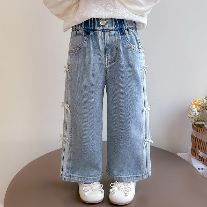 Pantalon droit en denim à jambes larges avec nœud pour enfants, collection automne
