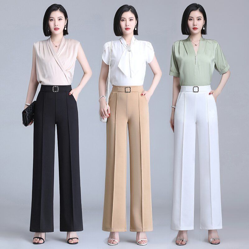 Pantalon Femme Coupe Droite Ample Large en Soie Glacée