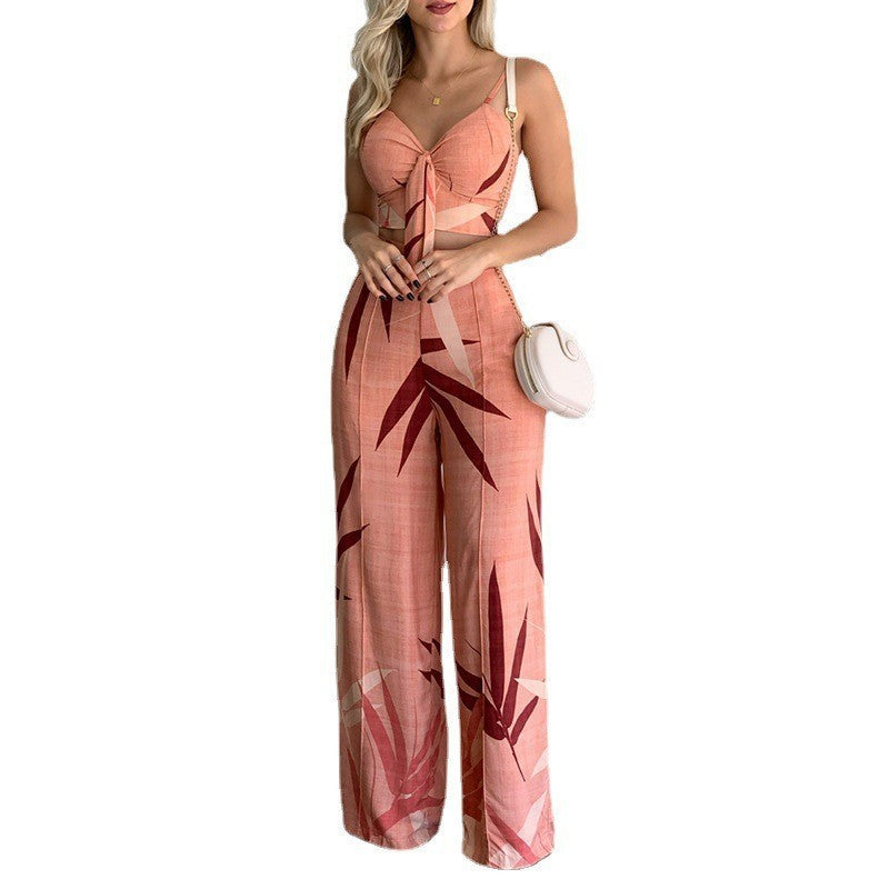Linen V-Neck Short Vest & High Waist Wide Leg Pants Two-Piece Set