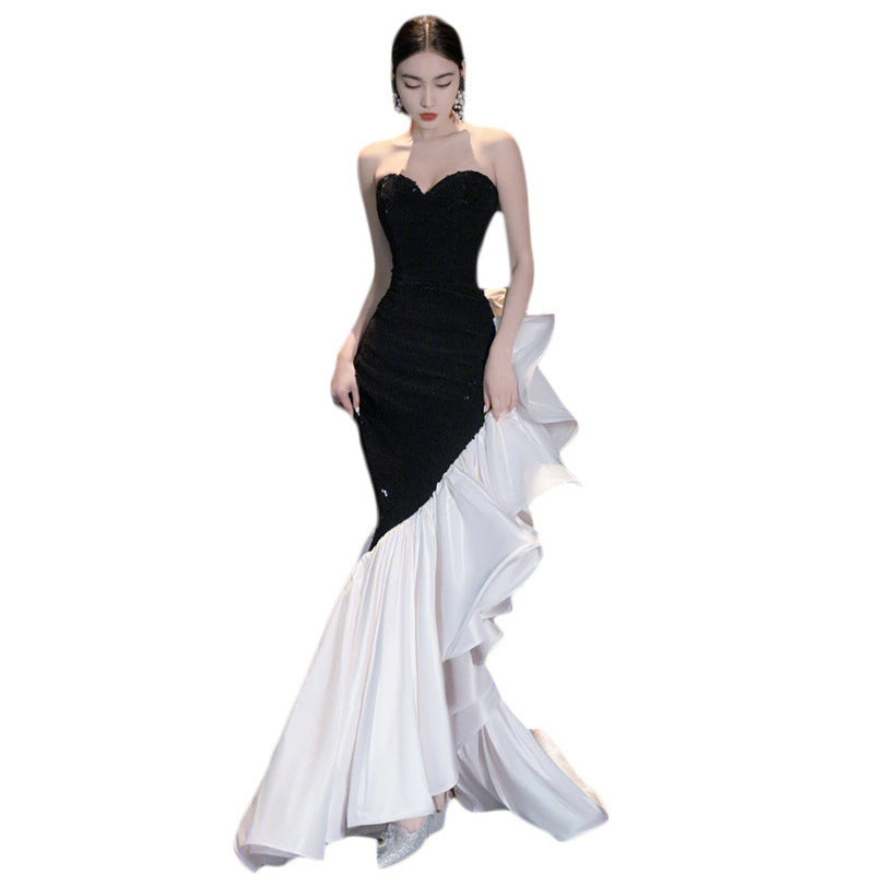 Tube Top Evening Gown with Embroidery in Black & Wine Red