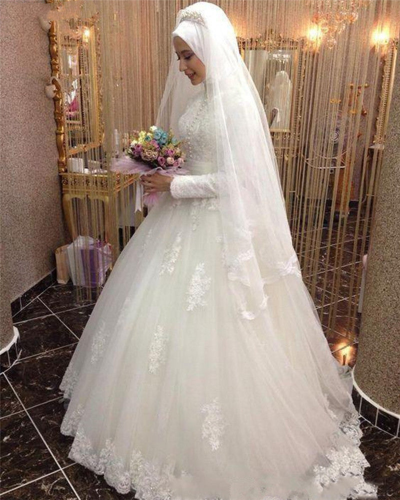 Women's Milky White Lace Hijab Wedding Dress High Waist Polyester