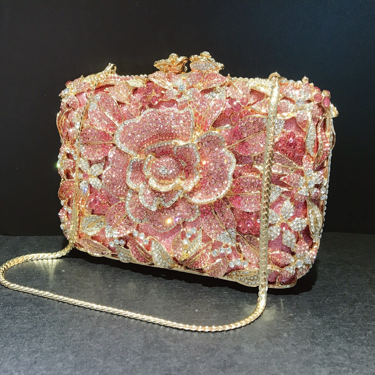 Metal Rose Diamond Chain Clutch Evening Bag 17x11x5cm
