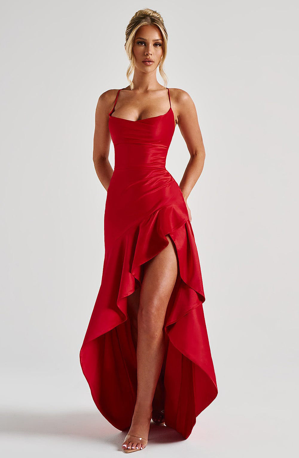 Robe longue bustier asymétrique à volants pour femme, sans manches, fendue, pour l'été, soirée, club