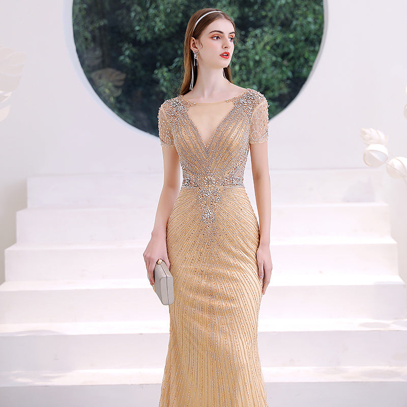 Women's Champagne Gold Organza Evening Dress