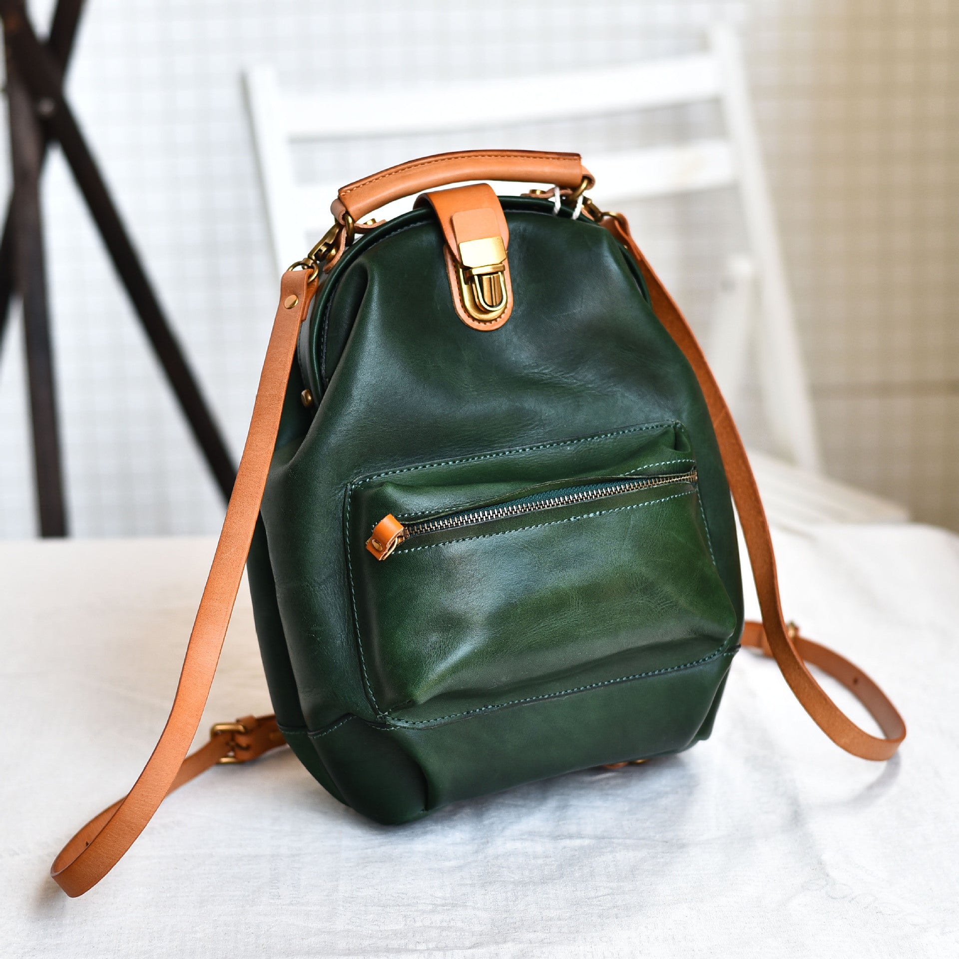 Retro Green Leather Backpack for Women First Layer Cowhide Soft