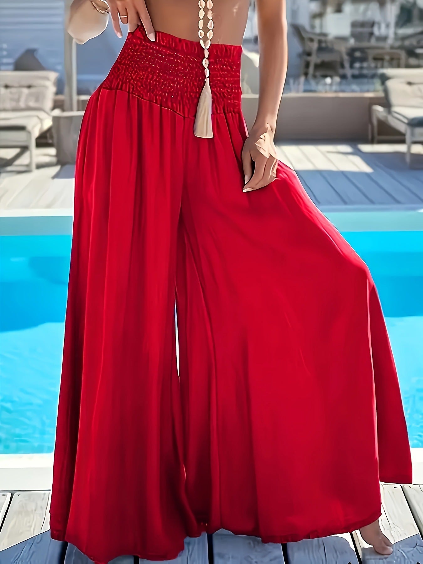 Solid Color High Waist Smocking Ice Silk Wide Leg Trousers